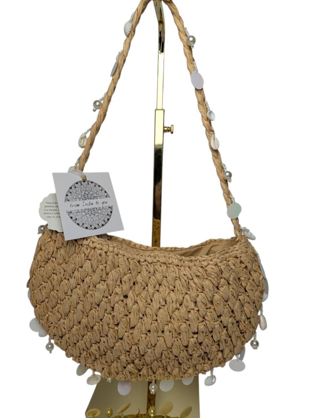 NWT From India To You Artisan Handcrafted Raffia Shell Bead Embellished Purse